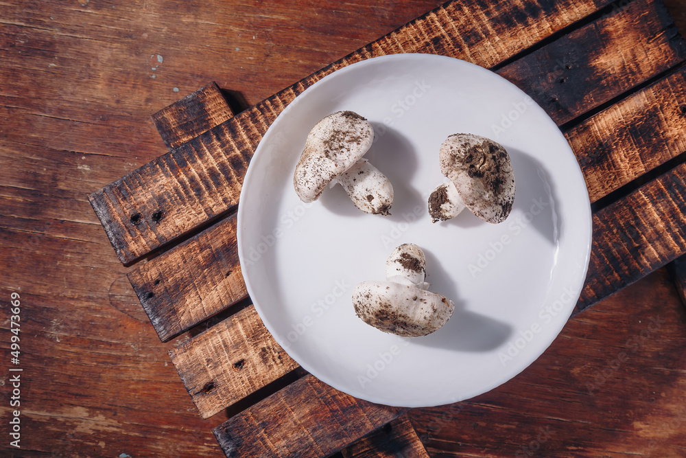 Fresh raw unwashed champignons on plate, wooden kitchen table. Dirty unprepared ingredient, cooking tasty meal, healthy eating. Top view closeup Fresh raw unwashed champignons on plate, wooden kitchen table. Dirty unprepared ingredient, cooking tasty meal, healthy eating. Top view closeup