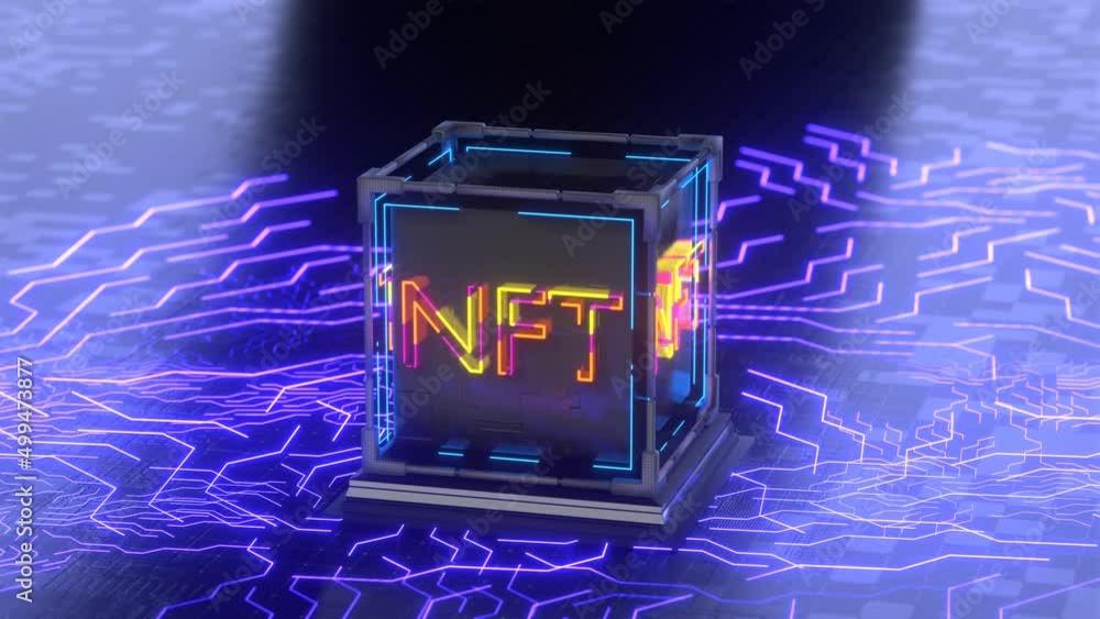 The NFT cube rotates on the printed circuit board. Smoothly rotating cube with neon inscription NFT. non fungible token. The cube rotates on the printed circuit board.