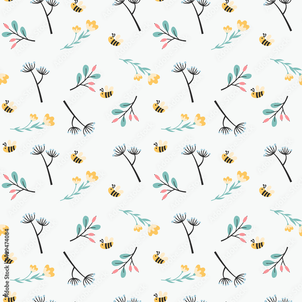 Seamless pattern with herbs, flowers and a bee. Creative texture for packaging, bags, fabric and wallpaper. Seamless pattern with herbs, flowers and a bee. Creative texture for packaging, bags, fabric and wallpaper.