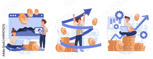 Business growth collection of scenes isolated. People analyze financial data, successful strategy, set in flat design. Vector illustration for blogging, website, mobile app, promotional materials