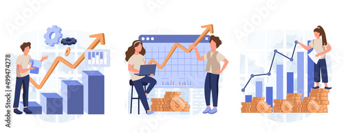 Business growth collection of scenes isolated. People analyze financial data, successful strategy, set in flat design. Vector illustration for blogging, website, mobile app, promotional materials
