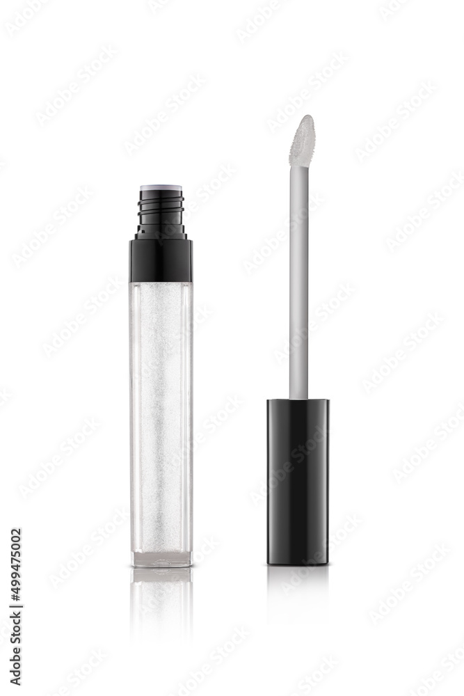 Liquid lipstick in elegant glass bottle with black lid, closed and open container with brush, isolated on white