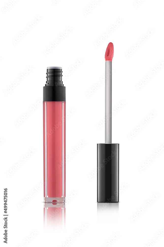 Liquid lipstick in elegant glass bottle with black lid, closed and open container with brush, isolated on white Liquid lipstick in elegant glass bottle with black lid, closed and open container with brush, isolated on white