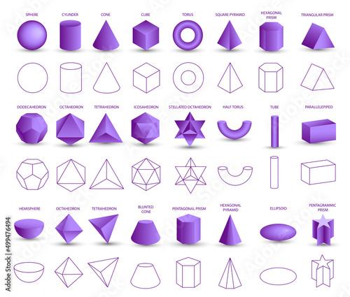 Set of vector realistic 3D purple geometric shapes isolated on white background. Mathematics of geometric shapes, linear objects, contours. Platonic solid. Icons, logos for education, business, design