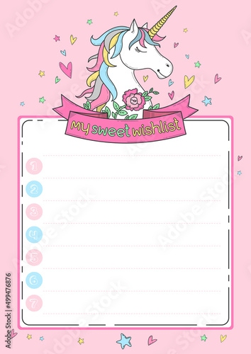 Cute wishlist card with unicorn, ribbon, flowers, hearts, stars on pink background. Christmas or Birthday organizer. Lettering 'My sweet wishlist". Cartoon character. Doodle vector background.