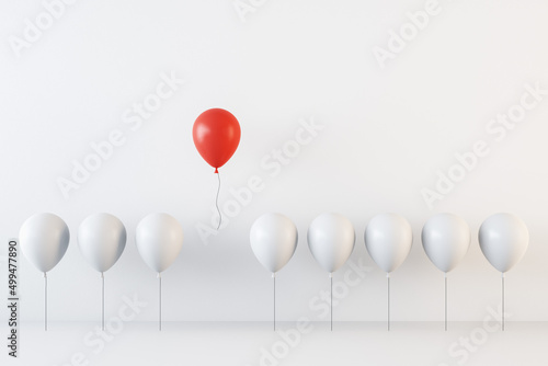 Fototapeta Naklejka Na Ścianę i Meble -  Creative white and red ballons on white wall background. Leadership and teamwork concept. 3D Rendering.