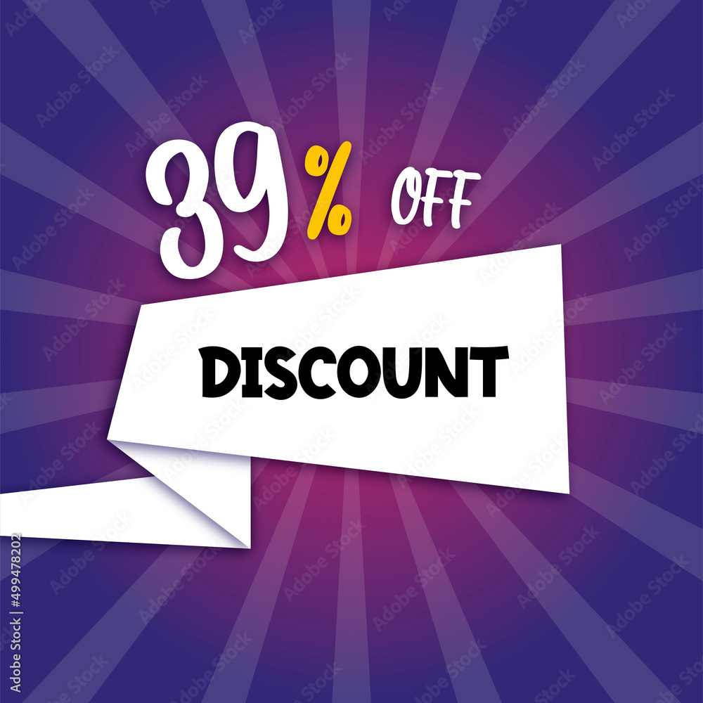 39 percent discount purple banner with floating paper for promotions and offers. 39 percent discount purple banner with floating paper for promotions and offers.