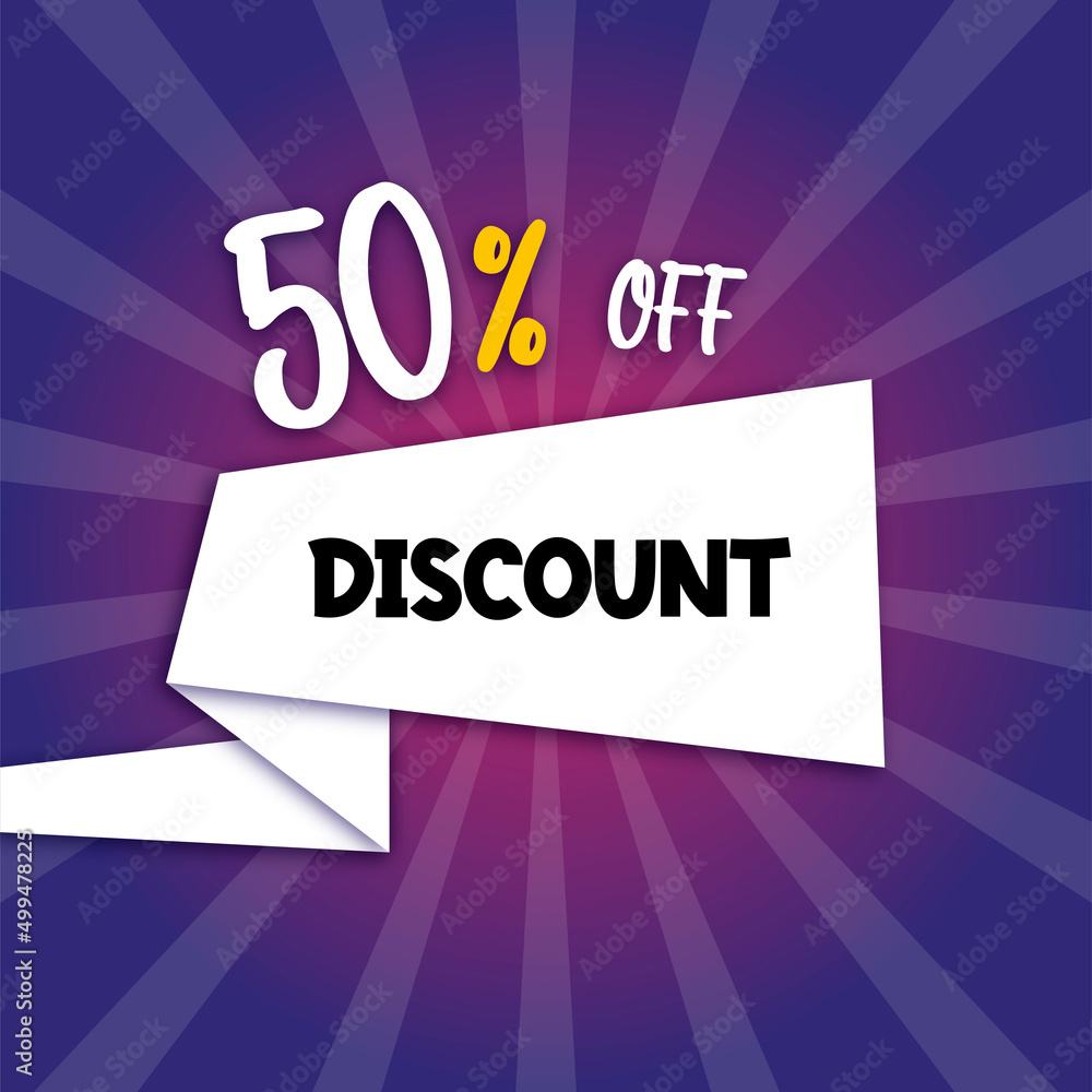 50 percent discount purple banner with floating paper for promotions and offers.