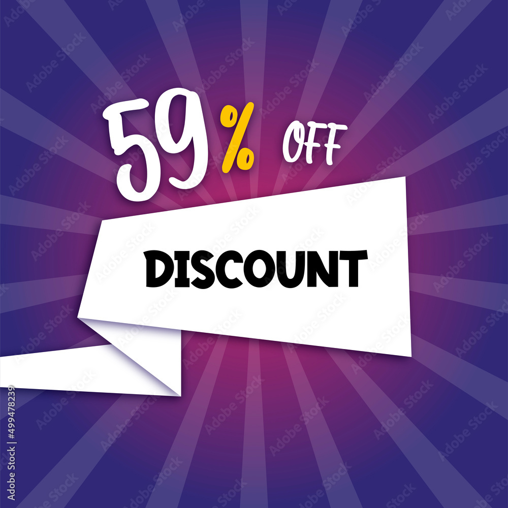 59 percent discount purple banner with floating paper for promotions and offers. 59 percent discount purple banner with floating paper for promotions and offers.