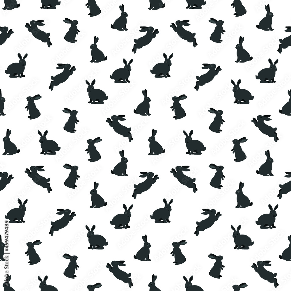 Hand drawn seamless pattern with cute black grey rabbits on a white  background. Vector illustration