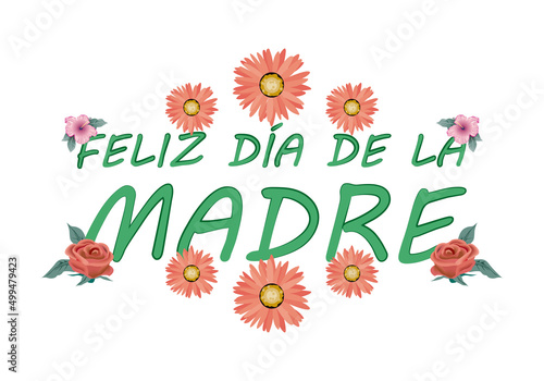 Día de la madre rodeada con flores naranjas y rosas rojas. 