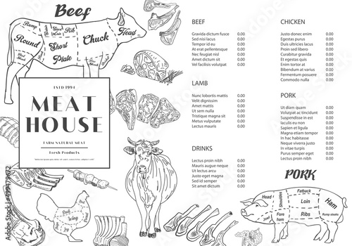 Restaurant Food Menu Design. Meat house restaurant menu price template for meat dishes. Menu of grilled meat sausages, beef, pork, chicken. Vector sketch design of beef steak and chicken grill.