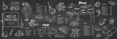 Restaurant Food Menu Design. Meat house restaurant menu price template for meat dishes. Menu of grilled meat sausages, beef, pork, chicken. Vector sketch design of beef steak and chicken grill. photo