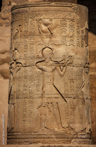 Hieroglyphic carvings on the column of an ancient egyptian temple