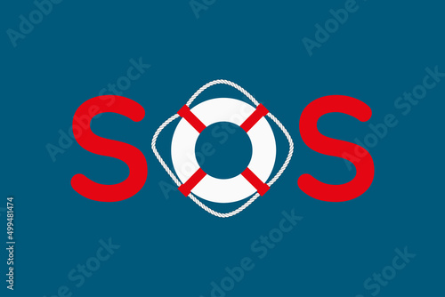 SOS sign with lifebuoy on navy blue background, help center and emergency concept