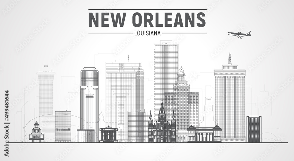 New Orleans Louisiana United states line city skyline vector illustration on white background. Business travel and tourism concept with modern buildings. Image for presentation, banner, website.