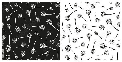 Set of monochrome dandelion seeds seamless repeat pattern. Random placed, vector blowball flowers all over surface print.