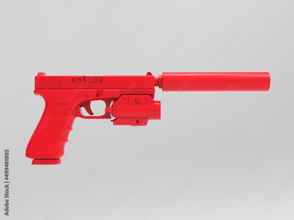Modern red handgun with silencer and laser sight attachments Modern red handgun with silencer and laser sight attachments