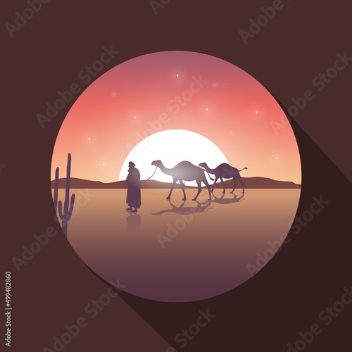 Camel herder at night illustration