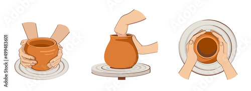 Pottery wheel. Pottery workshop. Vector set.