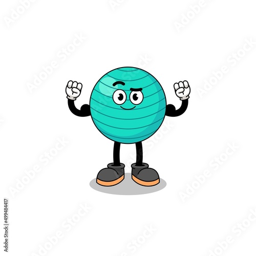 Mascot cartoon of exercise ball posing with muscle