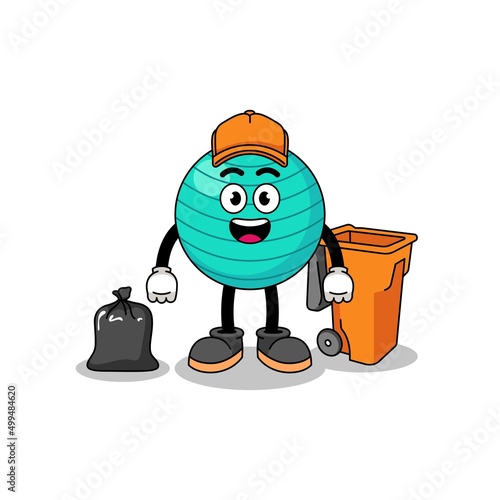 Illustration of exercise ball cartoon as a garbage collector