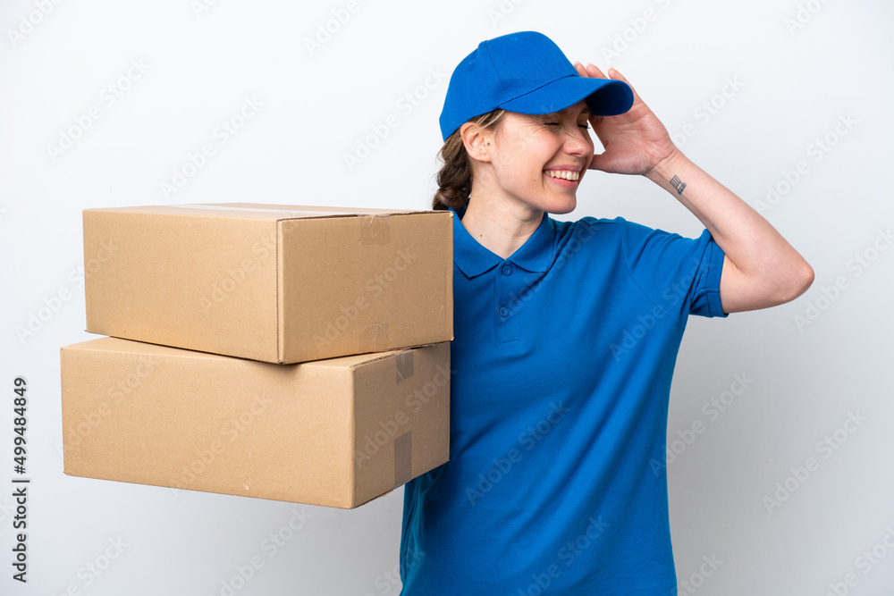 Delivery caucasian woman isolated on white background smiling a lot Delivery caucasian woman isolated on white background smiling a lot