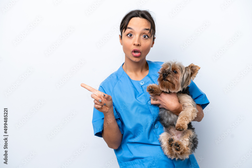 Young veterinarian woman with dog isolated on white background surprised and pointing side Young veterinarian woman with dog isolated on white background surprised and pointing side