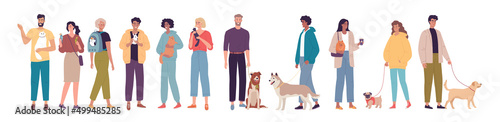 Happy young people with their cute pets vector illustration set