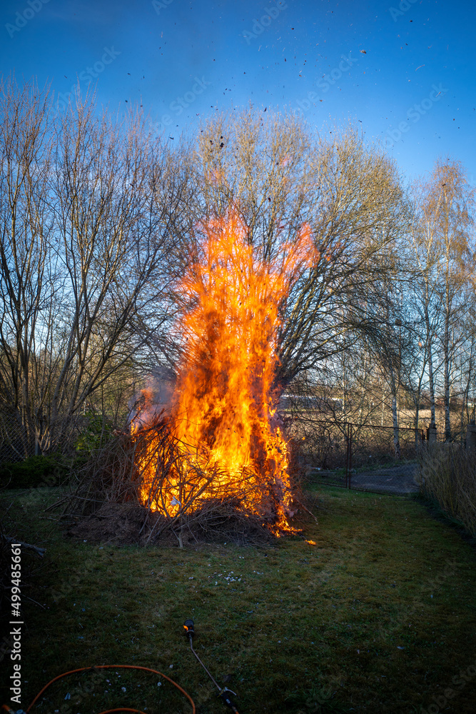  bonfire burns with big blazing flames