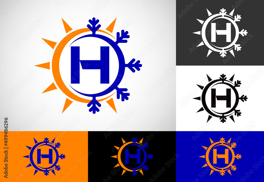 Initial H monogram alphabet with abstract sun and snow. Air conditioner logo sign symbol. Hot and cold symbol. Initial H monogram alphabet with abstract sun and snow. Air conditioner logo sign symbol. Hot and cold symbol.