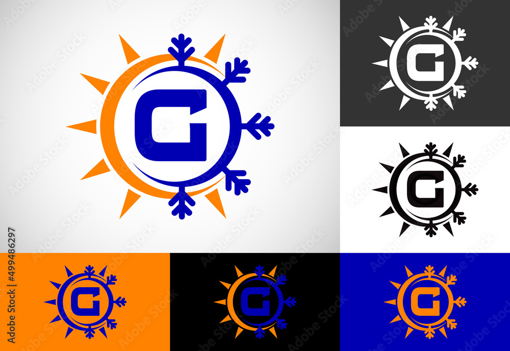 Initial G monogram alphabet with abstract sun and snow. Air conditioner logo sign symbol. Hot and cold symbol. Initial G monogram alphabet with abstract sun and snow. Air conditioner logo sign symbol. Hot and cold symbol.