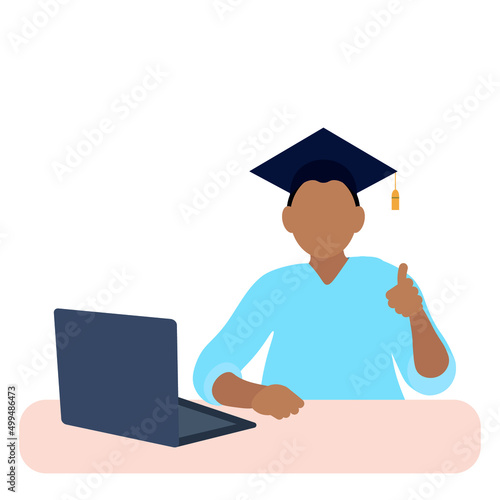 Portrait of student with laptop, vector, isolate on white background, faceless illustration, happy indian student