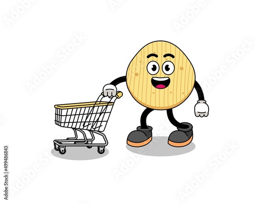 Cartoon of potato chip holding a shopping trolley