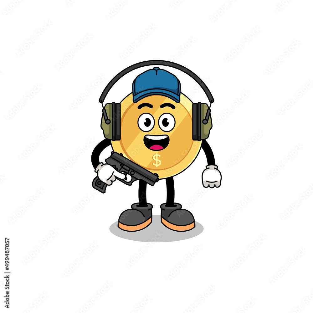 Character mascot of dollar coin doing shooting range Character mascot of dollar coin doing shooting range