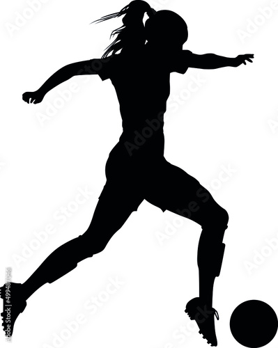 Fototapeta Naklejka Na Ścianę i Meble -  Female Soccer player, Woman's Soccer in motion. Women's football running up for ball tee shot front view sport Silhouette
