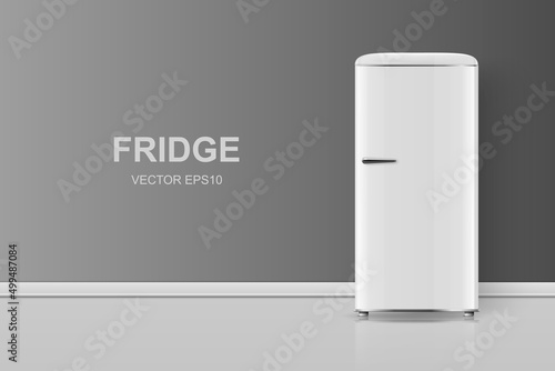 Vector Banner with 3d Realistic White Retro Vintage Fridge Isolated. Vertical Simple Refrigerator. Closed Fridge. Design Template, Mockup of Fridge. Front View