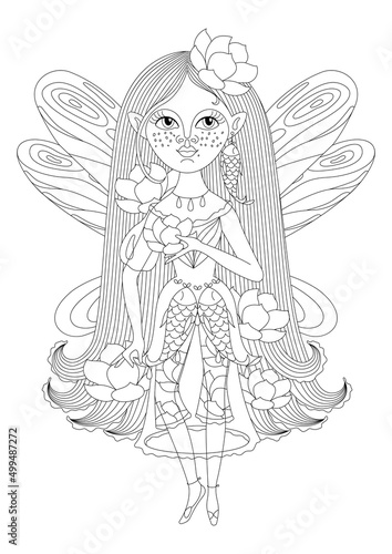 Antistress coloring page for children, a beautiful fairy with lotuses and fish. Outline. Vector illustration. Isolated.