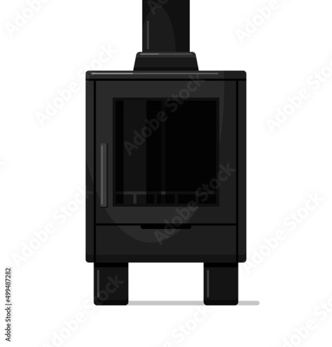 Wood burning, modern potbelly stove without flame and firewood, free standing unlit fireplace, cast iron multi fuel heater with glass window. Vector illustration isolated on white background
