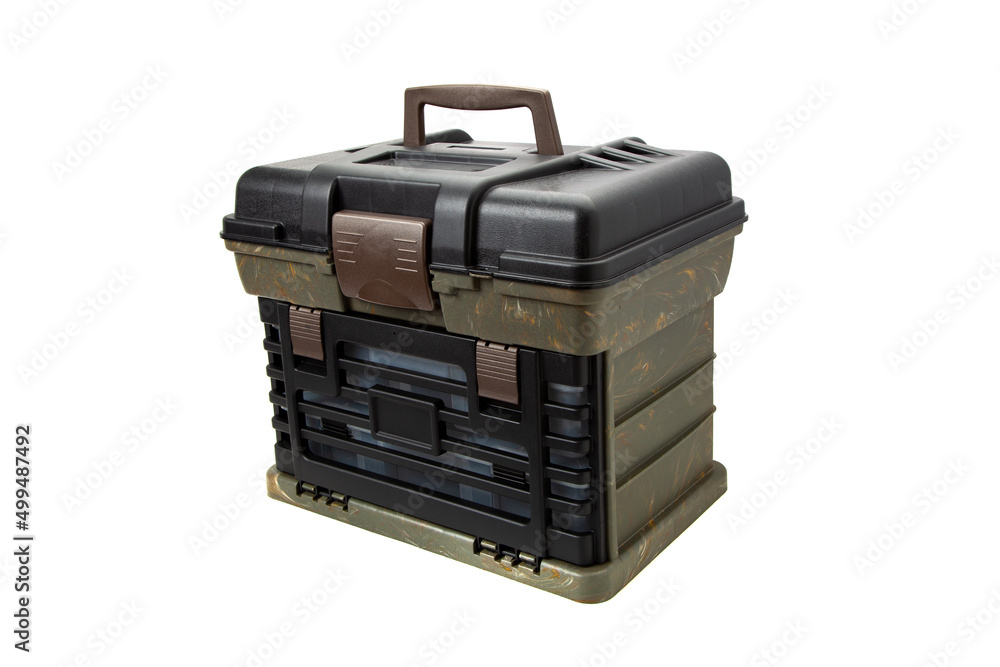 Fototapeta premium Portable plastic container with opening lid and additional sliding compartments. Fishing or hunting box. Isolate on a white back.