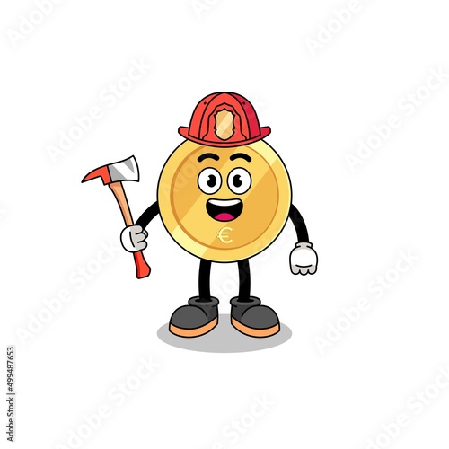 Cartoon mascot of euro coin firefighter