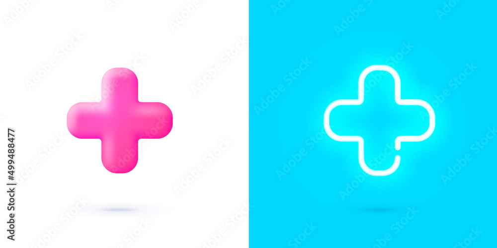 Medical cross round button. Cross Neon Sign. Plus sign, great design for any purposes. Cross symbol. 3d vector render concept - obrazy, fototapety, plakaty 