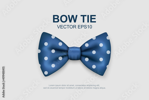 Vector 3d Realistic Polka Dot Blue Bow Tie Icon Closeup Isolated on White Background. Silk Glossy Bowtie, Tie Gentleman. Mockup, Design Template. Bow tie for Man. Mens Fashion, Fathers Day Holiday