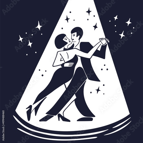 Hot man and woman dancing the tango dance on the stage light with a stars around. Flat hand drawn minimal vector illustration.