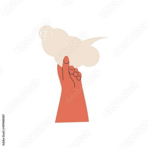 Voter with vote or Man's hand up holding white speech bubble with idea comment information opinion or message flat vector cartoon illustration. One person arm with poll card isolated on background