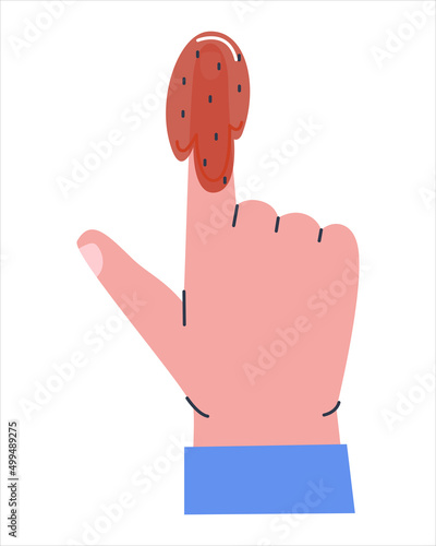 Berry jam flows down a large drop on the index finger. Flat vector illustration. Eps 10