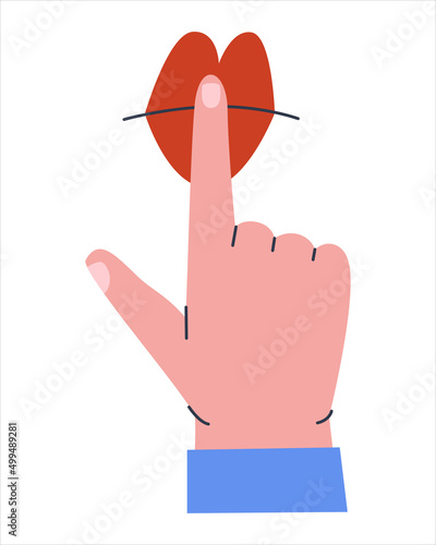 The index finger of the hand is pressed to the lips. Flat vector illustration. Eps10