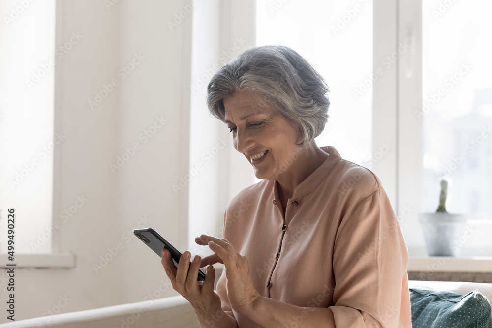 Smiling aged woman sit on sofa use application on cellphone, enjoy online chat with friend, learn new mobile software. Older generation and social media, wireless tech, virtual services usage concept Smiling aged woman sit on sofa use application on cellphone, enjoy online chat with friend, learn new mobile software. Older generation and social media, wireless tech, virtual services usage concept