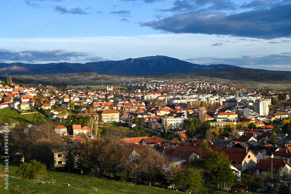 Livno, city in Bosnia and Herzegovina at sunset. Livanjsko polje surrounded by mountains in autumn. 