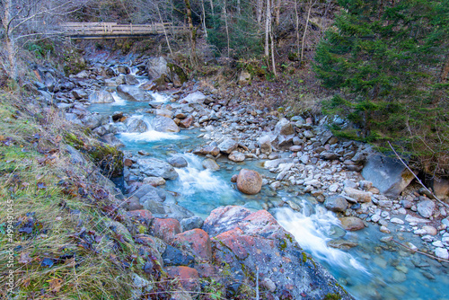 Lauterbrunen Valey and the path to the mountains in Stechelberg photo